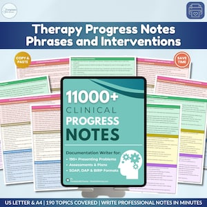 以下が含まれることがあります： デジタルタブレットには、サポートドキュメントとともに「11000+ Clinical Progress Notes」が表示されています。画像には「Therapy Progress Notes Phrases and Interventions」と「US LETTER & A4 | 190 TOPICS COVERED | WRITE PROFESSIONAL NOTES IN MINUTES」というテキストが含まれています。