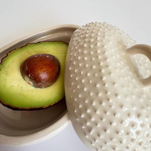 Puede incluir: Un aguacate cortado por la mitad con un hueso marrón descansa en un plato de cerámica beige, junto a un recipiente de cerámica texturizada de color crema en forma de aguacate con un asa. La pulpa verde del aguacate contrasta con la cerámica beige y crema.
