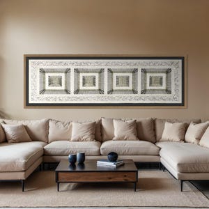 May include: A rectangular wall art piece featuring four identical square panels with intricate black and white geometric line patterns, enclosed in a thin black border and a light wood frame, displayed horizontally on a solid beige wall.
