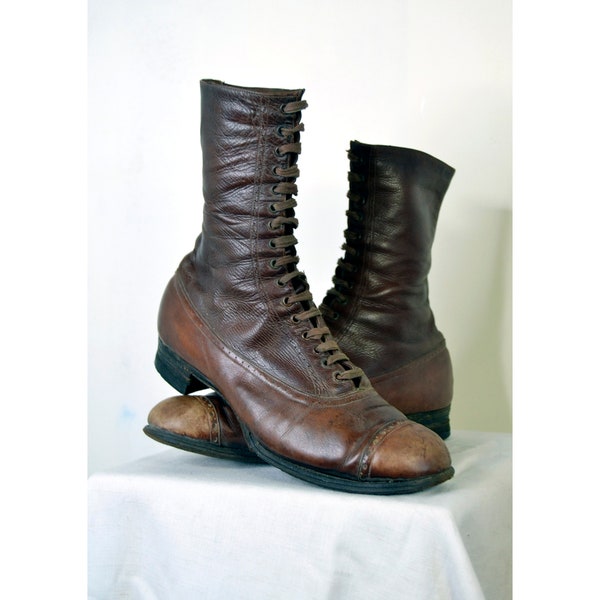 Superb brown leather ankle boots Edwardian French Antique 1900 1910