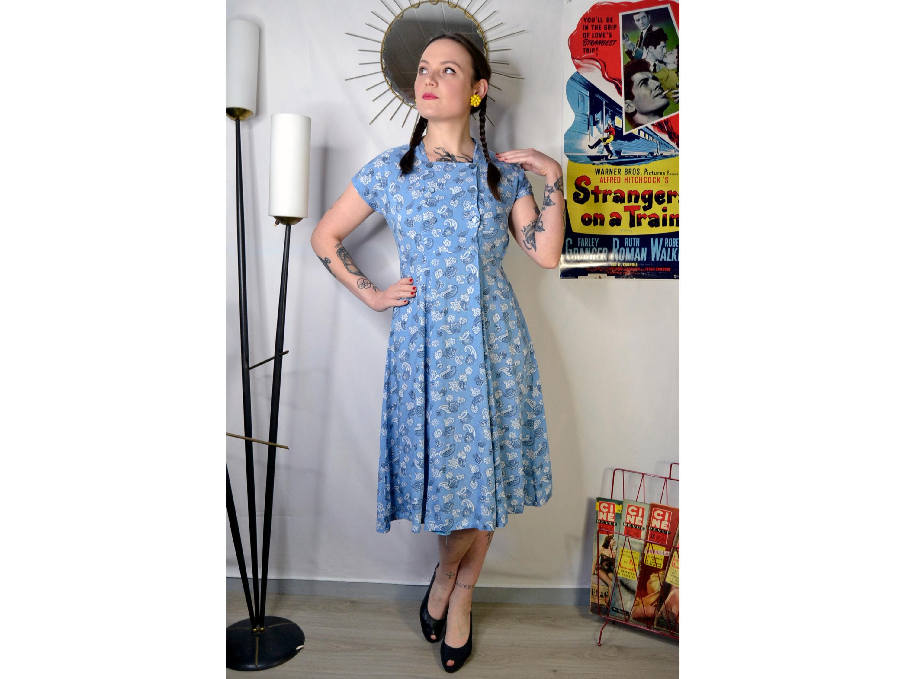 True vintage 1940s 40s blue rayon paisley dress