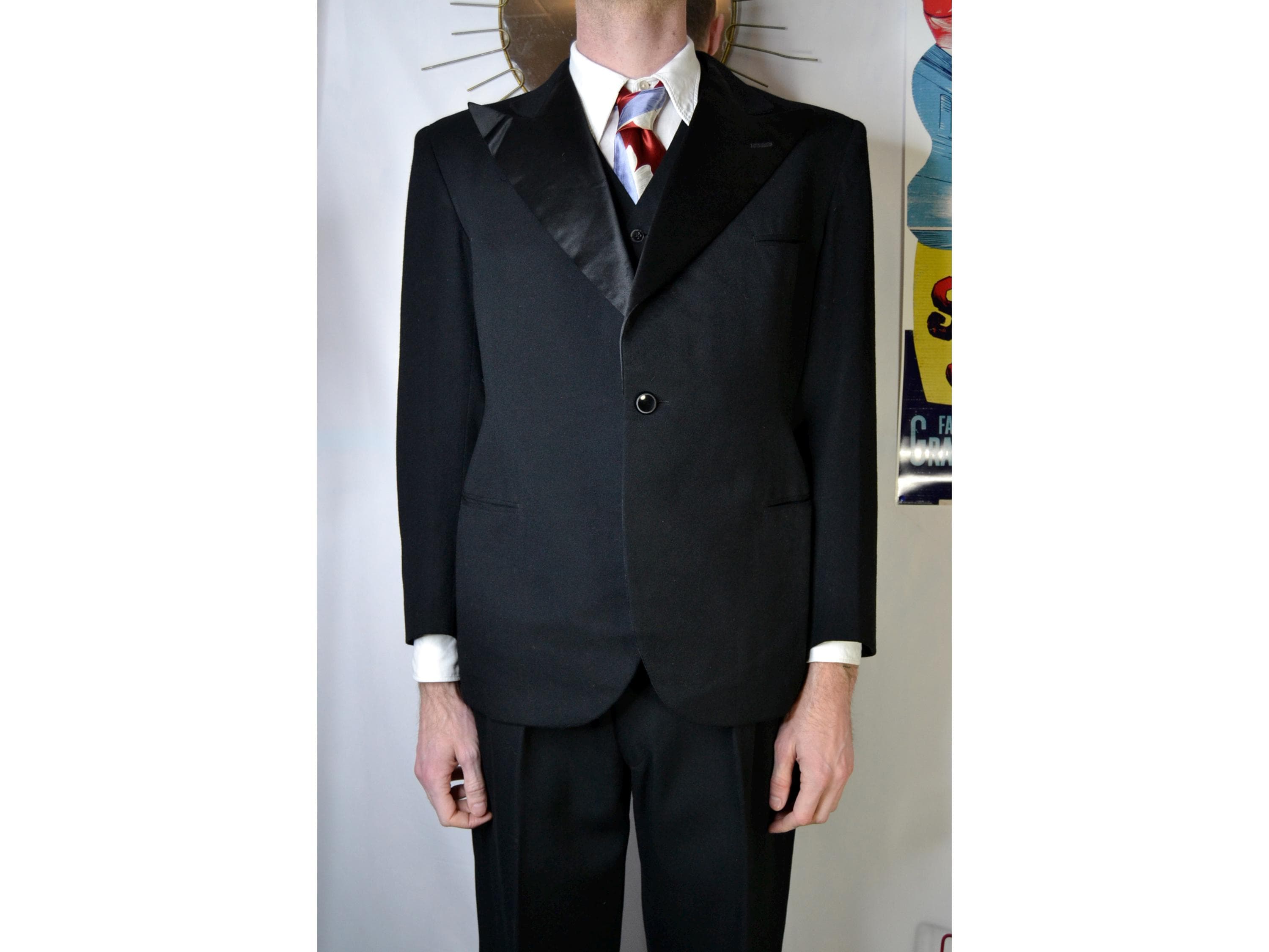 Costume Homme 3 Pièces Vintage Années 1940 - Laine Noire, Taille M, époque WWII