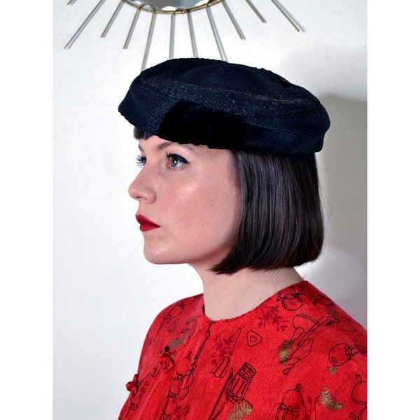 Chapeau bibi paille velours noir vintage 1930 30's 1940 40's