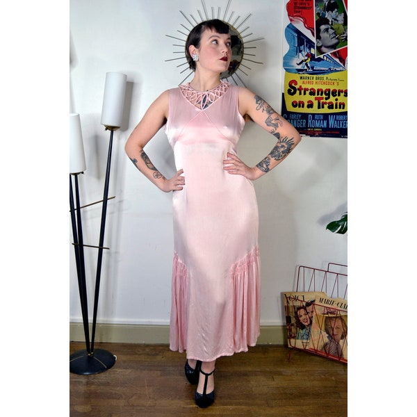 Robe de soirée satin rose Art Déco true vintage années 30 1930