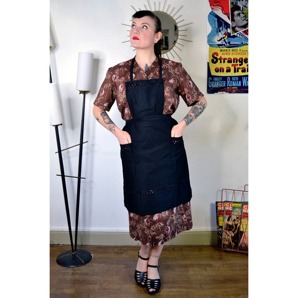 Schwarze beschichtete Baumwollschürze, echte Vintage-Arbeitskleidung aus den 40er- und 40er-Jahren