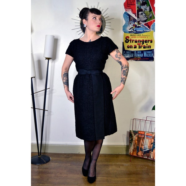 Robe fourreau laine satin nœud true vintage années 50 1950 50's