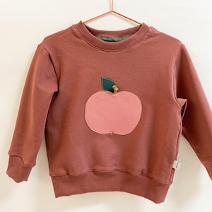 Könnte beinhalten: Ein rostiges Sweatshirt mit einem rosa Apfel-Applikationen auf der Vorderseite. Der Apfel hat einen grünen Stiel und ein Blatt. Das Sweatshirt hat einen gerippten Rundhalsausschnitt und Bündchen.