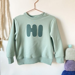 Könnte beinhalten: Ein hellgrüner Pullover mit langen Ärmeln und einem Rundhalsausschnitt. Der Pullover hat das Wort "HI" in dunkelgrün auf der Vorderseite gestickt.