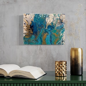 Beautiful Artwork, Handmade, by TJS Painting. 9x12in canvas. Acrylic Pouring, Swipe Technique, in Blues, White, and Gold.
