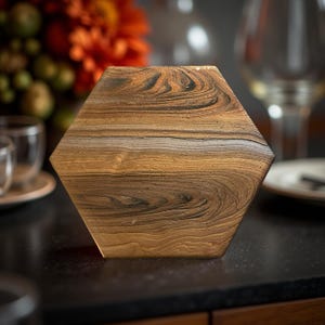 May include: A hexagonal coaster with a swirling pattern of gold, brown, and black. The coaster has a glossy finish and is designed to protect surfaces from drink condensation. The coaster is approximately 13 cm wide.