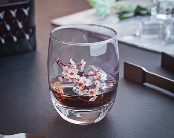 Japanese cherry blossom whiskey glass Japanese cherry blossom cup Engraved scotch glasses  Sakura glass cup floral etched glass sakura cup