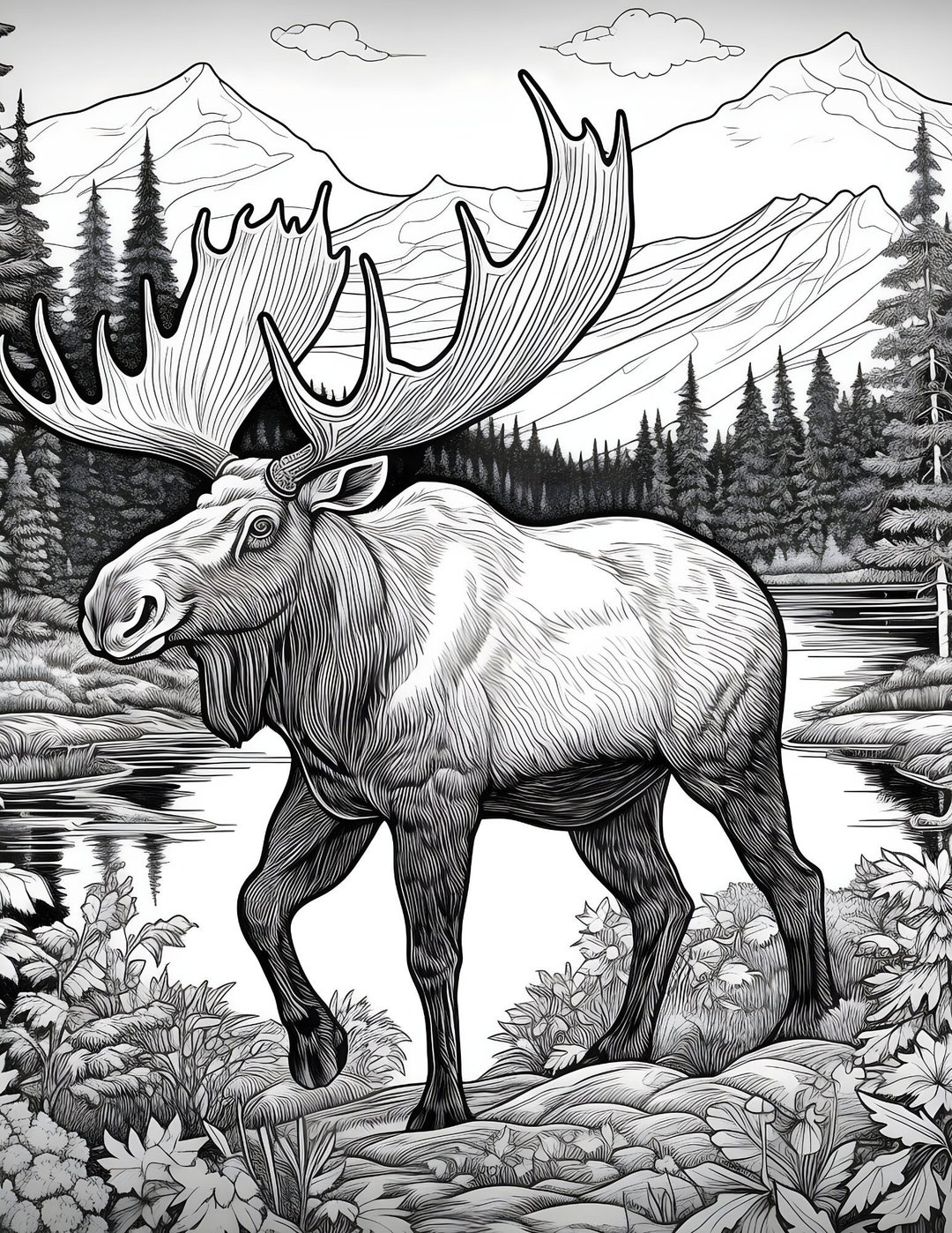 2 Majestic Bull Moose Downloadable Coloring Page for Teens/adults Near