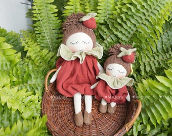 Personalized Heirloom doll, Linen cotton doll, Stuffed Rag doll, Handmade strawberry doll set, Cloth doll, Personalized nursery decor