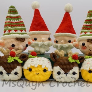 May include: A collection of crocheted Christmas ornaments featuring elves, Santa Claus, reindeer, and Christmas pudding. The ornaments are all handmade and have a cute, whimsical style.