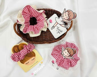 Vintage Gingham Scrunchie | Red Checkered Hair Tie | Cottagecore Hair Accessory | Lace Scrunchie | Handmade Gift for Her