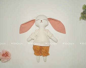 Personalized Linen Bunny Doll: Handmade Cotton Fabric Rabbit, Sleeping Companion