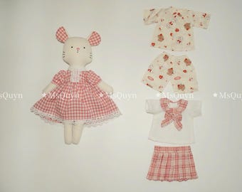 Pink Overalls Mouse Doll with Autumn Bedding: Khaki Fabric Plush Toy