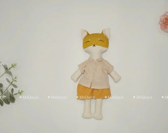 Personalized Linen Fox Doll: Handmade Cotton Fabric Fox, Handcrafted fabric toys for kids, gift for birthday, Christmas gift