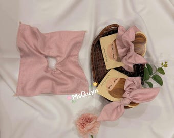 Handmade Pink Linen Scrunchie | Bunny Ear Hair Tie | Cute Beaded Scrunchie | Soft Hair Accessory Gift for Her | Handmade Hair Scrunchies