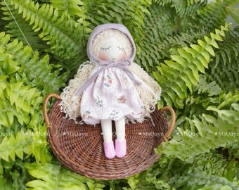 Soft Purple Floral Outfit doll, Linen cotton doll, Stuffed Rag doll, Handmade doll set, Cute fabric doll, Cloth doll, Handmade rag doll
