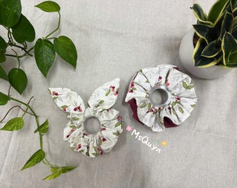 Handmade Bunny Ear Scrunchie | Cherry & Burgundy Cotton Linen Scrunchie | Cottagecore Hair Tie