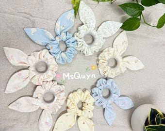 Handmade Double-Layer Cotton Bunny Ear Scrunchie, Soft Floral Hair Tie | Cottagecore Hair Accessory | Thoughtful Gift for Her
