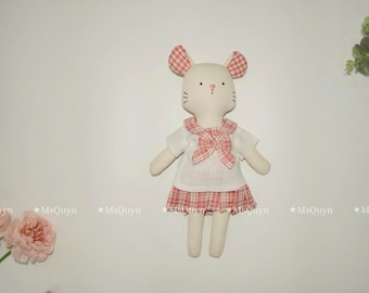 Pink Overalls Mouse Doll: Handmade Fabric Plush Toy with Autumn Bedding