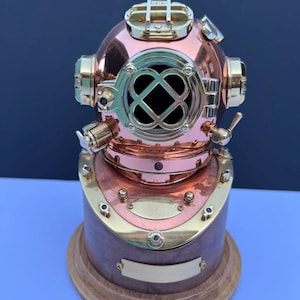 7.5&quot; Copper Divers Helmet Clock With Wood Base - Chrome - Nautical Home Decor Accessory