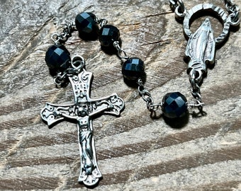 Certified Natural 78.25TCW Black Diamond 20" Italian Sterling Silver Rosary Cross Necklace Rosary