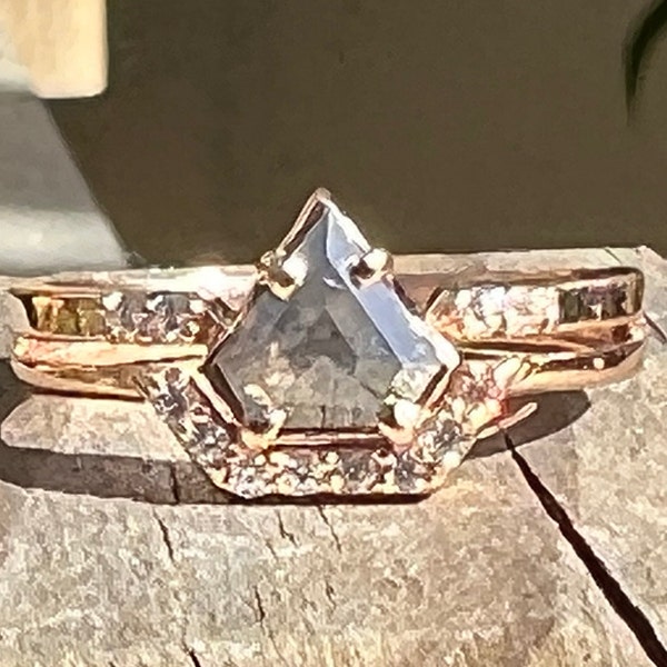16K Rose Gold .60CT Hexagon Grace Cut Fancy Salt and Pepper Diamond Engagement Ring & Diamond Wedding Band - Size 6