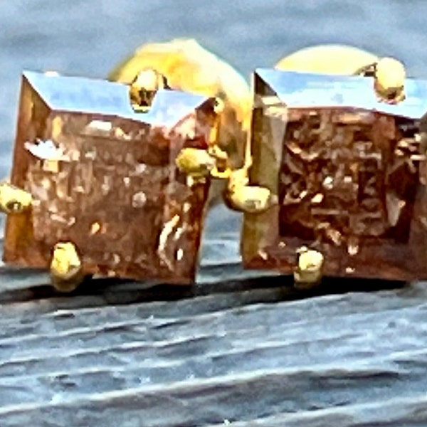 16K Yellow Gold 2.86TCW Natural Mined Princess Cut Yellow Red Orange Diamond Studs Screw Back Earrings