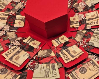 Christmas Money Explosion Gift Box: Poinsettia Print on Black or Red