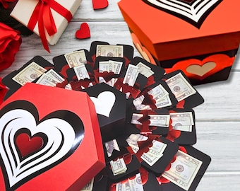 Valentine Money Explosion Gift Box Kit:  Hearts on Black Box/Red Lid, Pre-Assembled