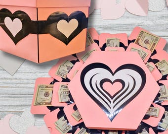 Valentine Money Explosion Gift Box Kit:  Hearts on Pink Box, Pre-Assembled