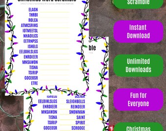 Weihnachts-Wort-Scramble (7 lustige Weihnachts-Scrambles) (Büro, Schule, Zuhause, Nachbarn) - Gelbe, grüne, blaue und lila Lichter