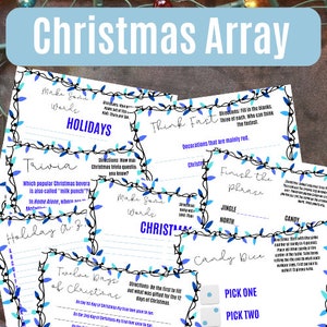 Puede incluir: Un conjunto de hojas de juegos navideños con trivia, completar espacios en blanco y juegos de palabras. Las hojas están decoradas con luces de cadena azules y presentan el texto "Christmas Array".