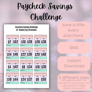 Paycheck Savings Challenge - 26 weeks - Bi-Weekly Pay - 5 Different Sizes -Save Weekly- Full Page / Half Page / A5 / A6 / Happy Planner Mini