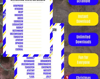 Weihnachts-Wort-Scramble (7 lustige Weihnachts-Scrambles) (Büro, Schule, Zuhause, Nachbarschaft, Studentenzimmer) - Blaue und gelbe Streifen