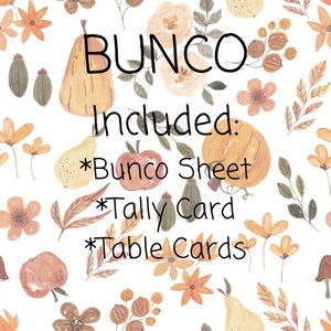 Bunco - Conjunto de Ação de Graças - com folha de Bunco, cartão de registro, cartões de mesa