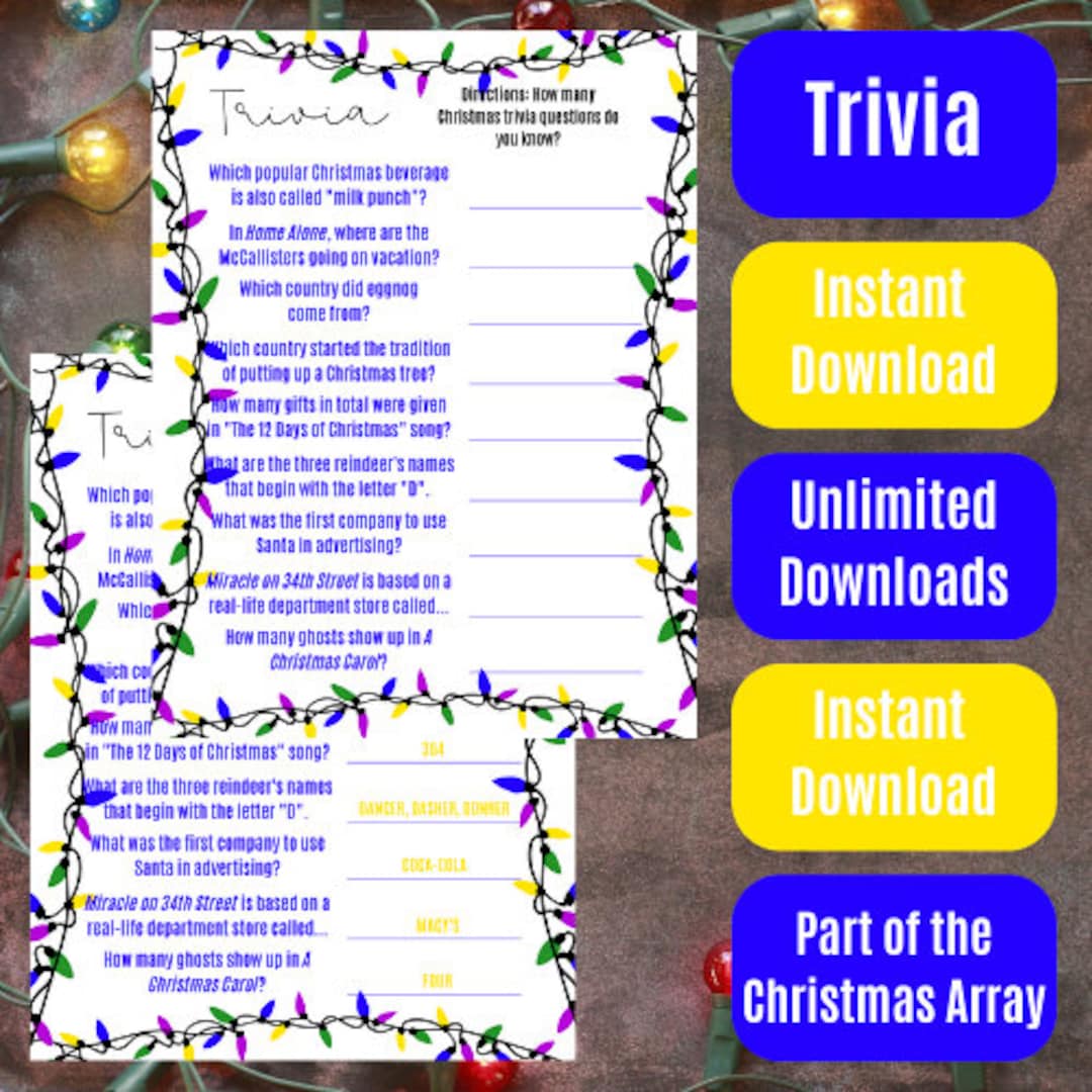 Christmas Themed Trivia with Answers Yellow Green Blue Etsy Canada