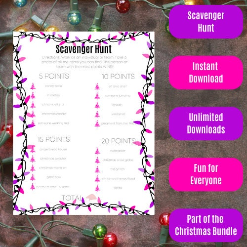 Christmas Themed Scavenger Hunt - Pink and Purple Lights - Etsy