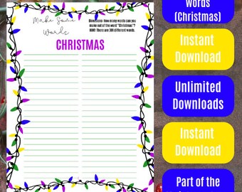 Christmas Themed Make Some Words (Christmas and Holidays) - Yellow, Green, Blue, and Purple Lights