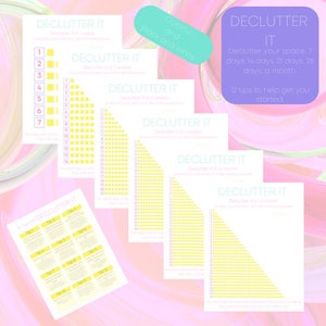 May include: A set of decluttering guides titled "DECLUTTER IT", in a variety of formats. The guides use a yellow and white colour scheme with text that reads "Declutter your space 7 days, 14 days, 21 days, 28 days, a month. 12 tips to help get you started."