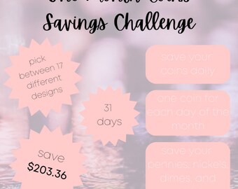 Ein Monat Münzen Spar Challenge - Spare deine Pennies, Nickels, Dimes und Quarter - 17 verschiedene Designs in einem Paket - 31 Tage zu sparen