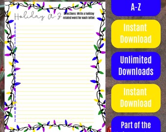 Christmas Themed Holiday A-Z - Yellow, Green, Blue, and Purple Lights