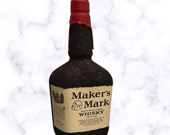 Maker's Mark Whiskey (empty) Red and Black Glittered Display Bottle (Gift, Display, Decor, Reusable, Refillable)