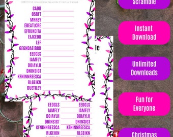 Weihnachts-Wort-Scramble (7 lustige Weihnachts-Scrambles) (Büro, Schule, Zuhause, Nachbarschaft, Studentenzimmer) - Rosa und Lila Lichter