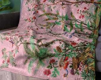 Coperta vintage eclettica in velluto rosa stropicciato stile Chinoiserie, coperta kitsch con motivo floreale e uccelli, retro in pile, 50x60" - SPEDIZIONE GRATUITA