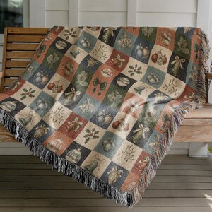 Christmas Patchwork Woven Blanket, Festive Holiday Throw, Vintage Home Decor, Cotton Tapestry Blanket, Christmas Wall Hanging, Winter Gift