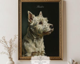 AFDRUKBARE aangepaste naam vintage stijl portret West Highland Terrier, hond olieverfschilderij, hond Art Print, donkere, humeurige Westie Art INSTANT DOWNLOAD